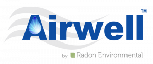 Airwell by Radon Environmental logo with water drop symbol and blue text, representing air quality and radon mitigation solutions provided by Wheeler Environmental in Barre, VT